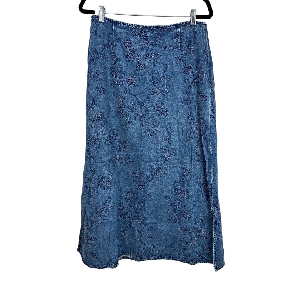 Vintage 90s Talbot's Womens Floral Embroidered Denim Chambray Maxi Skirt size 12